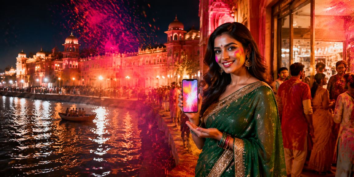 Mobile player enjoying rummy game app in traditional Indian saree
